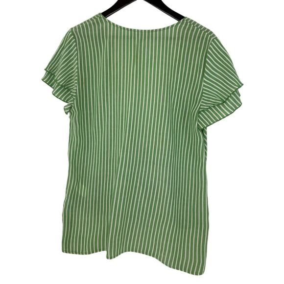 Michael Kors Green Stripe Blouse Medium Flutter Sleeve Preppy Classic Casual - Picture 2 of 5